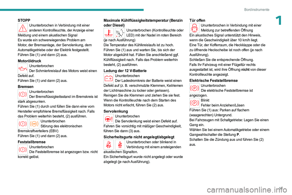 PEUGEOT PARTNER 2022  Betriebsanleitungen (in German) 15
Bordinstrumente
1STOPPUnunterbrochen in Verbindung mit einer anderen Kontrollleuchte, der Anzeige einer 
Meldung und einem akustischen Signal
Es wurde ein schwerwiegendes Problem am 
Motor, der Bre