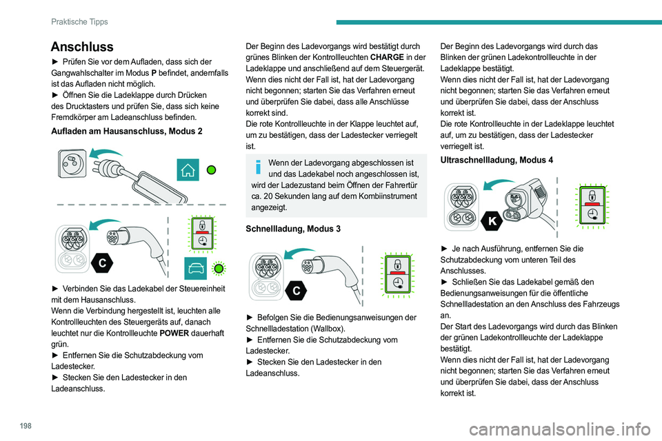 PEUGEOT PARTNER 2022  Betriebsanleitungen (in German) 198
Praktische Tipps
Anschluss
► Prüfen Sie vor dem Aufladen, dass sich der 
Gangwahlschalter im Modus P  befindet, andernfalls 
ist das Aufladen nicht möglich.
►
 
Öffnen Sie die Ladeklappe du