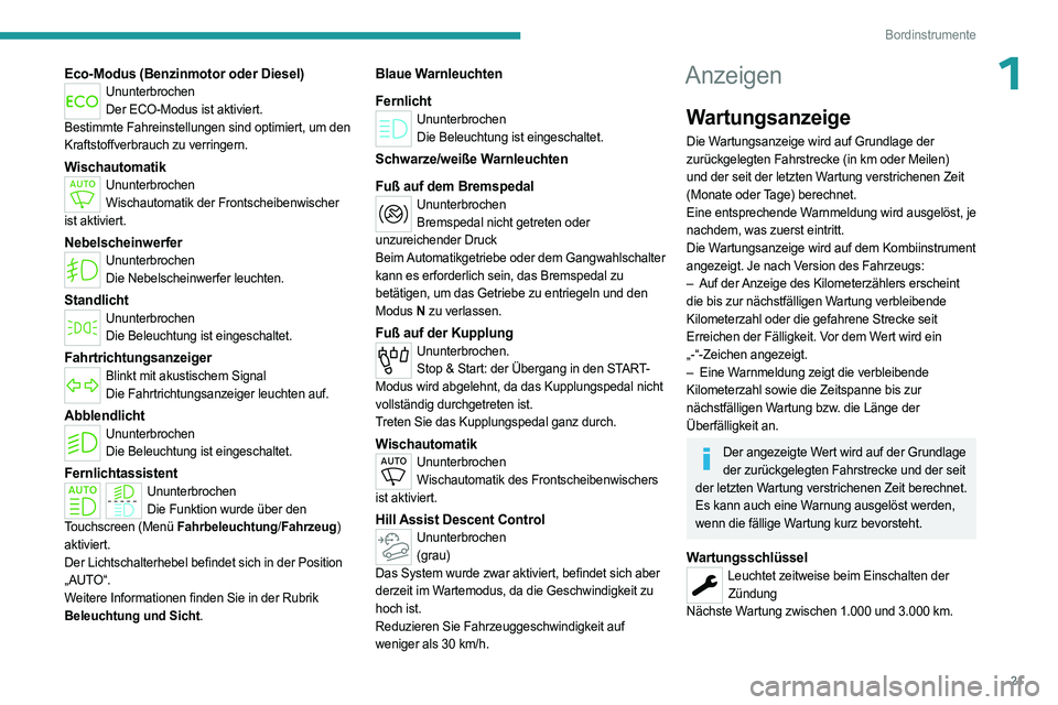PEUGEOT PARTNER 2022  Betriebsanleitungen (in German) 21
Bordinstrumente
1Eco-Modus (Benzinmotor oder Diesel)UnunterbrochenDer ECO-Modus ist aktiviert.
Bestimmte Fahreinstellungen sind optimiert, um den 
Kraftstoffverbrauch zu verringern.
WischautomatikU