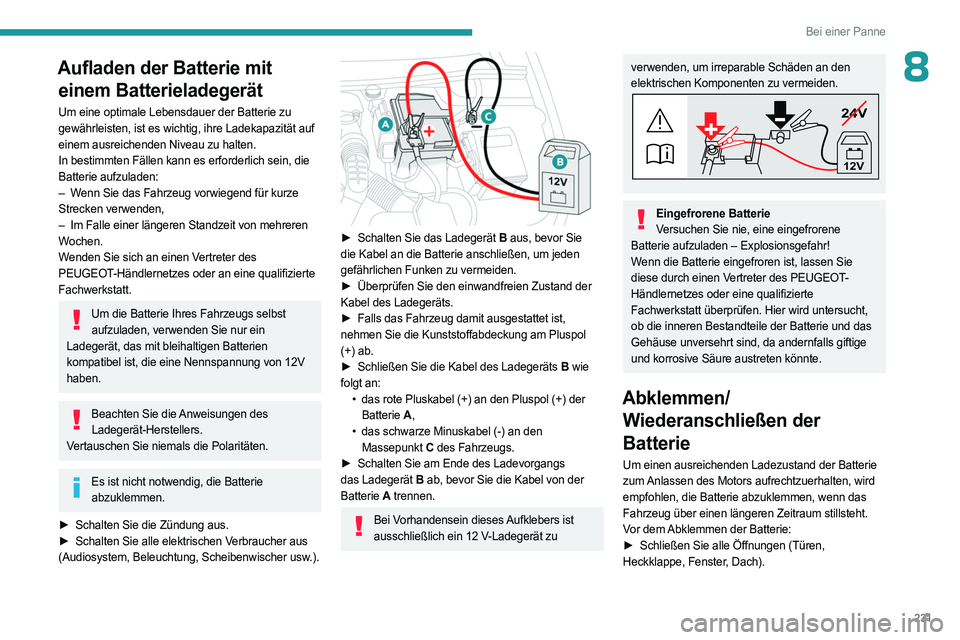PEUGEOT PARTNER 2022  Betriebsanleitungen (in German) 231
Bei einer Panne
8Aufladen der Batterie mit einem Batterieladegerät
Um eine optimale Lebensdauer der Batterie zu 
gewährleisten, ist es wichtig, ihre Ladekapazität auf 
einem ausreichenden Nivea
