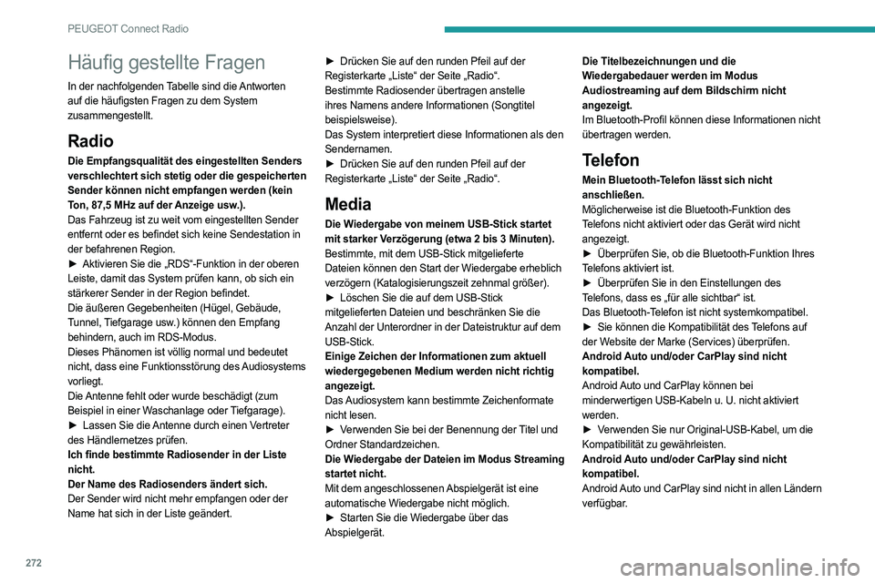 PEUGEOT PARTNER 2022  Betriebsanleitungen (in German) 272
PEUGEOT Connect Radio
Häufig gestellte Fragen
In der nachfolgenden Tabelle sind die Antworten 
auf die häufigsten Fragen zu dem System 
zusammengestellt.
Radio
Die Empfangsqualität des eingeste