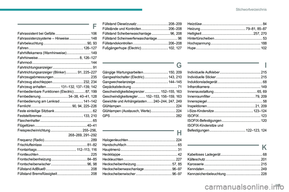 PEUGEOT PARTNER 2022  Betriebsanleitungen (in German) 305
Stichwortverzeichnis
F
Fahrassistent bei Gefälle    106
Fahrassistenzsysteme – Hinweise    
148
Fahrbeleuchtung
    
90, 93
Fahren
    
126–127
Fahrhilfekamera (Warnhinweise)
   
149
Fahrhinw