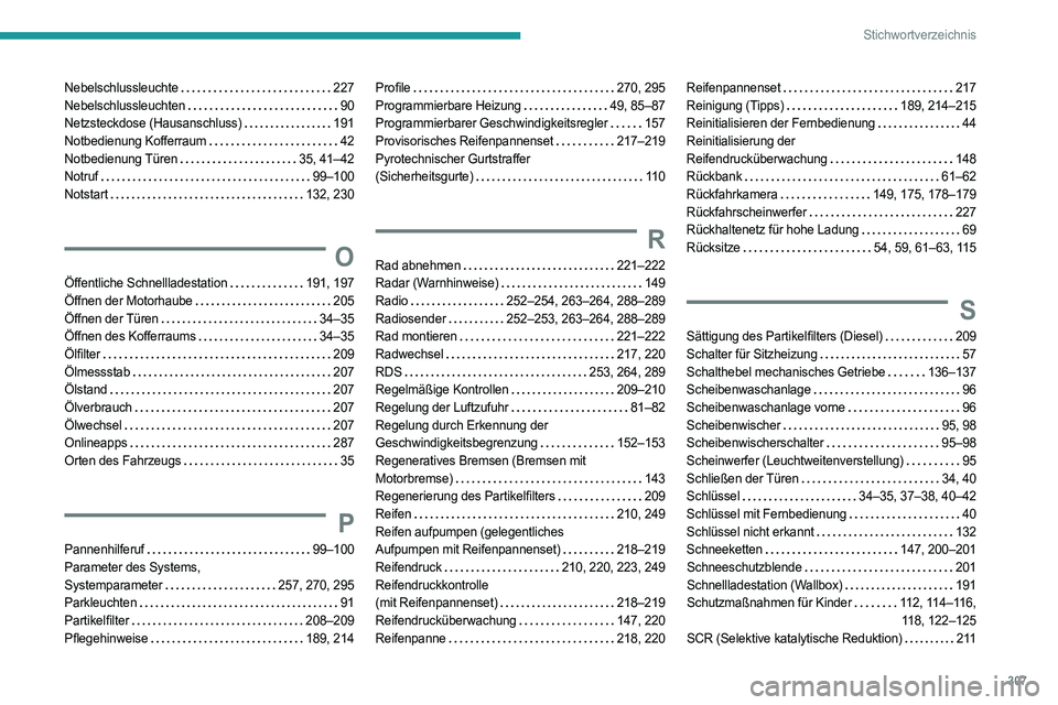 PEUGEOT PARTNER 2022  Betriebsanleitungen (in German) 307
Stichwortverzeichnis
Nebelschlussleuchte     227
Nebelschlussleuchten     
90
Netzsteckdose (Hausanschluss)
   
191
Notbedienung Kofferraum
   
42
Notbedienung Türen
    
35, 41–42
Notruf
    
