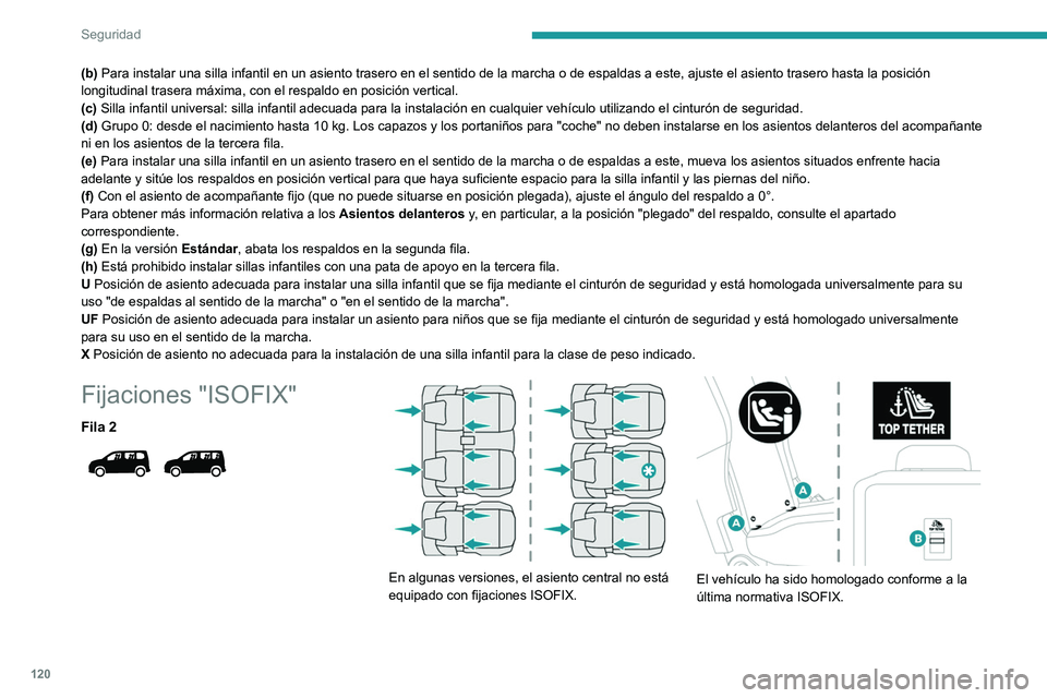 PEUGEOT PARTNER 2022  Manual del propietario (in Spanish) 120
Seguridad
(b) Para instalar una silla infantil en un asiento trasero en el sentido de\
 la marcha o de espaldas a este, ajuste el asiento trasero hasta la posi\
ción 
longitudinal trasera máxima