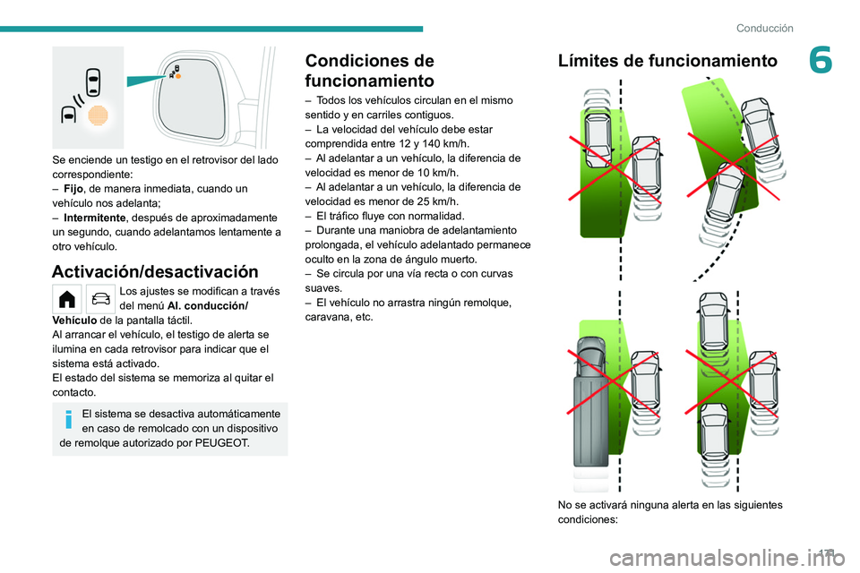 PEUGEOT PARTNER 2022  Manual del propietario (in Spanish) 171
Conducción
6
 
Se enciende un testigo en el retrovisor del lado 
correspondiente:
– 
Fijo , de manera inmediata, cuando un 
vehículo nos adelanta;
–

 
Intermitente
 , después de aproximada
