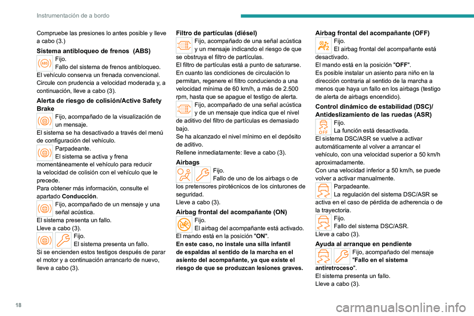 PEUGEOT PARTNER 2022  Manual del propietario (in Spanish) 18
Instrumentación de a bordo
Compruebe las presiones lo antes posible y lleve 
a cabo (3.)
Sistema antibloqueo de frenos  (ABS)Fijo.
Fallo del sistema de frenos antibloqueo.
El vehículo conserva un