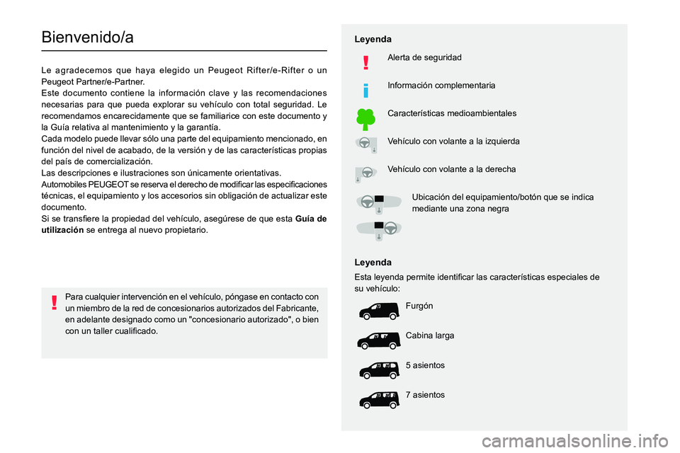 PEUGEOT PARTNER 2022 Manual del propietario (in Spanish)
Bienvenido/a
Le agradecemos que haya elegido un Peugeot Rifter/e-Rifter o un
Peugeot P artner/e-Partner.
Este documento contiene la información PEUGEOT PARTNER 2022 Manual del propietario (in Spanish)
Bienvenido/a
Le agradecemos que haya elegido un Peugeot Rifter/e-Rifter o un
Peugeot P artner/e-Partner.
Este documento contiene la información