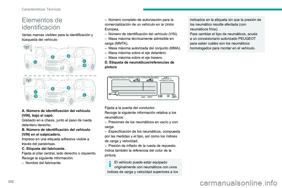 PEUGEOT PARTNER 2022  Manual del propietario (in Spanish) 252
Características Técnicas
Elementos de 
identificación
Varias marcas visibles para la identificación y 
búsqueda del vehículo
 
 
A. Número de identificación del vehículo 
(VIN), bajo el c