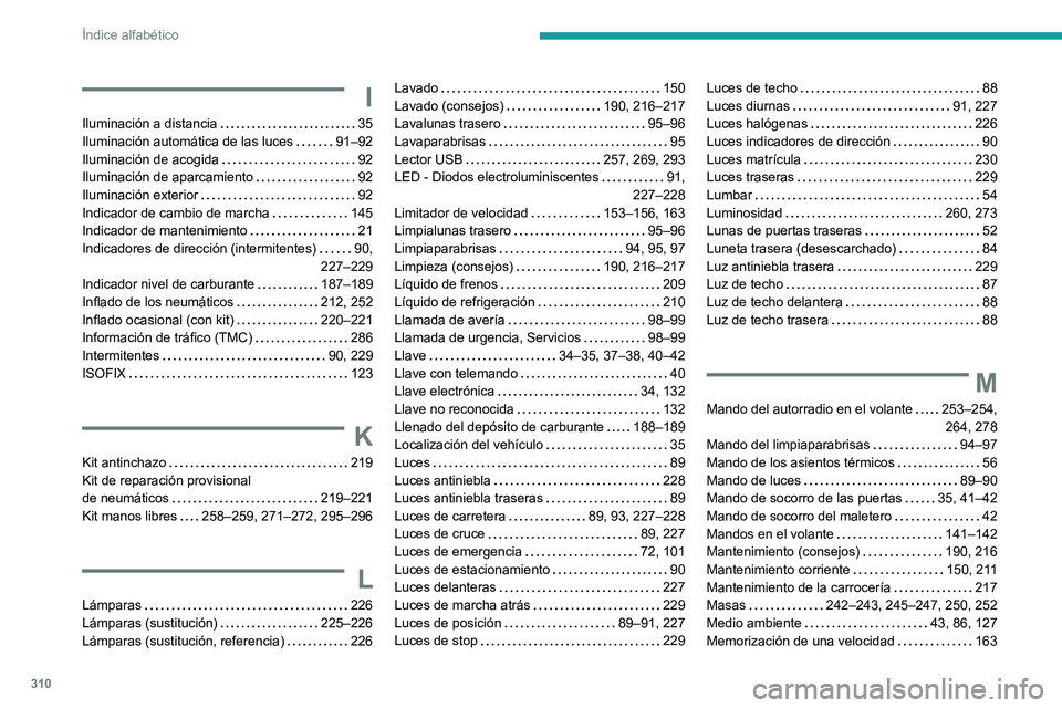 PEUGEOT PARTNER 2022  Manual del propietario (in Spanish) 310
Índice alfabético
I
Iluminación a distancia     35
Iluminación automática de las luces     
91–92
Iluminación de acogida
    
92
Iluminación de aparcamiento
    
92
Iluminación exterior
