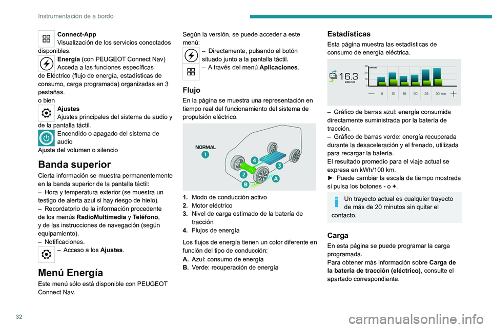 PEUGEOT PARTNER 2022  Manual del propietario (in Spanish) 32
Instrumentación de a bordo
Connect-App
Visualización de los servicios conectados 
disponibles.
Energía (con PEUGEOT Connect Nav)
Acceda a las funciones específicas 
de Eléctrico (flujo de ener