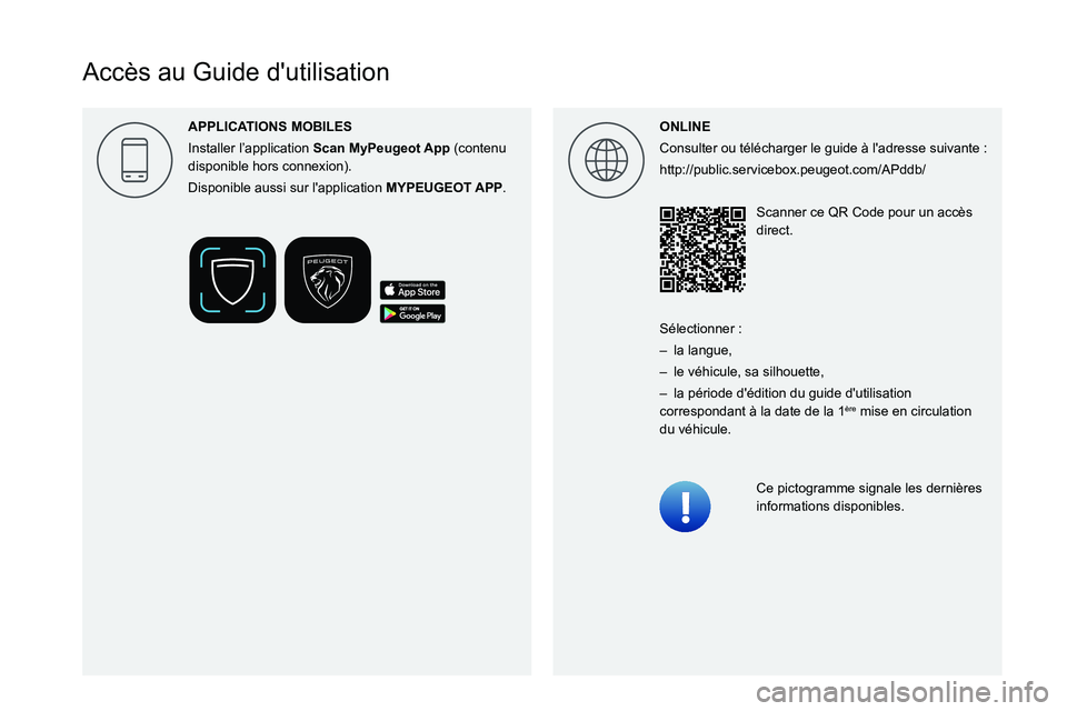 PEUGEOT PARTNER 2022  Manuel du propriétaire (in French)  
 
 
 
 
 
 
  
  
 
  
  
Accès au Guide d'utilisation
ONLINE
Consulter ou télécharger le guide à l'adresse suivante  :
http://public.servicebox.peugeot.com/APddb/
Scanner ce QR Code pou