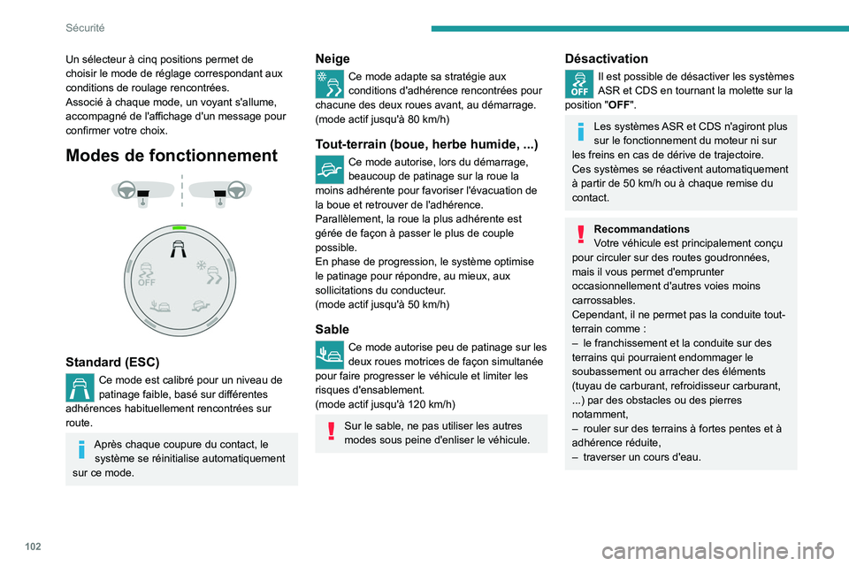 PEUGEOT PARTNER 2022  Manuel du propriétaire (in French) 102
Sécurité
Un sélecteur à cinq positions permet de 
choisir le mode de réglage correspondant aux 
conditions de roulage rencontrées.
Associé à chaque mode, un voyant s'allume, 
accompagn