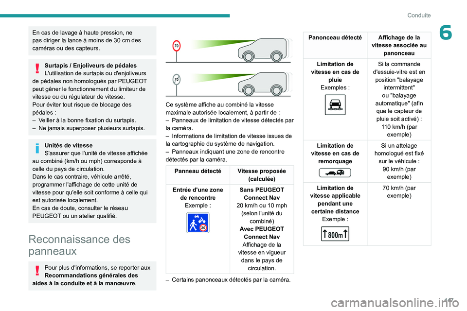 PEUGEOT PARTNER 2022 Manuel du propriétaire (in French) 147
Conduite
6En cas de lavage à haute pression, ne
pas diriger la lance à moins de 30 cm des
caméras ou des capteurs.
Surtapis / Enjoliveurs de pédales
L'utilisation de surtapis ou d' PEUGEOT PARTNER 2022 Manuel du propriétaire (in French) 147
Conduite
6En cas de lavage à haute pression, ne
pas diriger la lance à moins de 30 cm des
caméras ou des capteurs.
Surtapis / Enjoliveurs de pédales
L'utilisation de surtapis ou d'