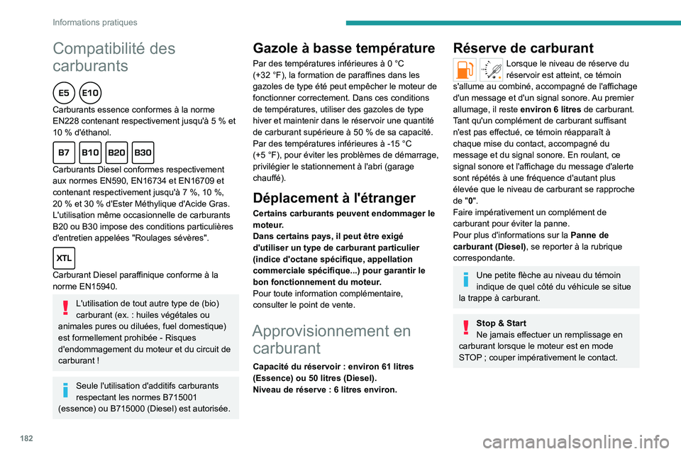 PEUGEOT PARTNER 2022 Manuel du propriétaire (in French) 182
Informations pratiques
Compatibilité des
carburants
Carburants essence conformes à la norme
EN228 contenant respectivement jusqu'à 5 % et
10
% d'éthanol.
Carburants Diesel PEUGEOT PARTNER 2022 Manuel du propriétaire (in French) 182
Informations pratiques
Compatibilité des
carburants
Carburants essence conformes à la norme
EN228 contenant respectivement jusqu'à 5 % et
10
% d'éthanol.
Carburants Diesel