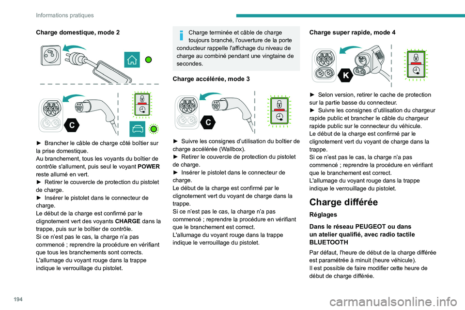 PEUGEOT PARTNER 2022 Manuel du propriétaire (in French) 194
Informations pratiques
Charge domestique, mode 2
► Brancher le câble de charge côté boîtier sur
la prise domestique.
Au branchement, tous les voyants du boîtier de
contrôle s' PEUGEOT PARTNER 2022 Manuel du propriétaire (in French) 194
Informations pratiques
Charge domestique, mode 2
► Brancher le câble de charge côté boîtier sur
la prise domestique.
Au branchement, tous les voyants du boîtier de
contrôle s'