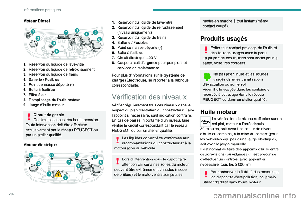 PEUGEOT PARTNER 2022 Manuel du propriétaire (in French) 202
Informations pratiques
Moteur Diesel
1.Réservoir du liquide de lave-vitre
2. Réservoir du liquide de refroidissement
3. Réservoir du liquide de freins
4. Batterie / Fusibles
5. Point de mass PEUGEOT PARTNER 2022 Manuel du propriétaire (in French) 202
Informations pratiques
Moteur Diesel
1.Réservoir du liquide de lave-vitre
2. Réservoir du liquide de refroidissement
3. Réservoir du liquide de freins
4. Batterie / Fusibles
5. Point de mass