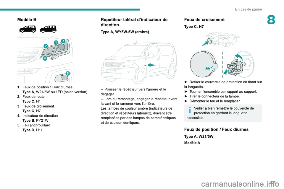 PEUGEOT PARTNER 2022  Manuel du propriétaire (in French) 221
En cas de panne
8Modèle B 
 
 
 
1. Feux de position   / Feux diurnes
Type   A, W21/5W ou LED (selon version)
2. Feux de route
Type
  C, H1
3. Feux de croisement
Type
  C, H7
4. Indicateur de dir