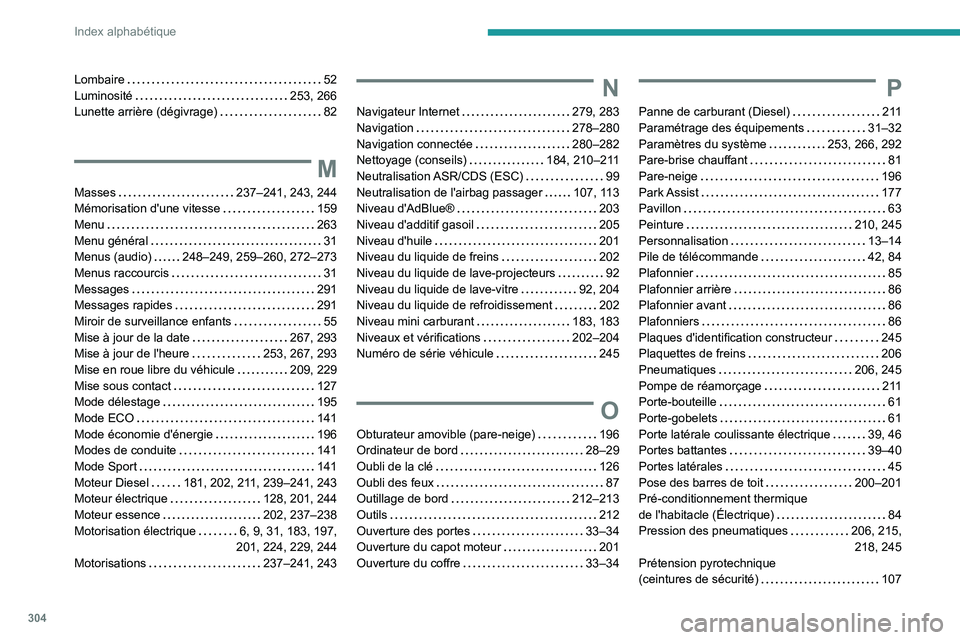 PEUGEOT PARTNER 2022 Manuel du propriétaire (in French) 304
Index alphabétique
Lombaire 52
Luminosité
253, 266
Lunette arrière (dégivrage)
82
M
Masses 237–241, 243, 244
Mémorisation d'une vitesse
159
Menu
263
Menu gén PEUGEOT PARTNER 2022 Manuel du propriétaire (in French) 304
Index alphabétique
Lombaire 52
Luminosité
253, 266
Lunette arrière (dégivrage)
82
M
Masses 237–241, 243, 244
Mémorisation d'une vitesse
159
Menu
263
Menu gén