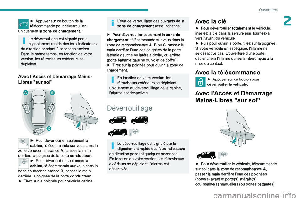 PEUGEOT PARTNER 2022 Manuel du propriétaire (in French) 37
Ouvertures
2► Appuyer sur ce bouton de la
télécommande pour déverrouiller
uniquement la zone de chargement
.
Le déverrouillage est signalé par le
clignotement rapide des feux indicateurs PEUGEOT PARTNER 2022 Manuel du propriétaire (in French) 37
Ouvertures
2► Appuyer sur ce bouton de la
télécommande pour déverrouiller
uniquement la zone de chargement
.
Le déverrouillage est signalé par le
clignotement rapide des feux indicateurs