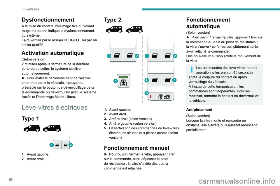 PEUGEOT PARTNER 2022 Manuel du propriétaire (in French) 50
Ouvertures
Dysfonctionnement
À la mise du contact, l'allumage fixe du voyant
rouge du bouton indique le dysfonctionnement
du système.
Faire vérifier par le réseau PEUGEOT ou par un
ateli PEUGEOT PARTNER 2022 Manuel du propriétaire (in French) 50
Ouvertures
Dysfonctionnement
À la mise du contact, l'allumage fixe du voyant
rouge du bouton indique le dysfonctionnement
du système.
Faire vérifier par le réseau PEUGEOT ou par un
ateli