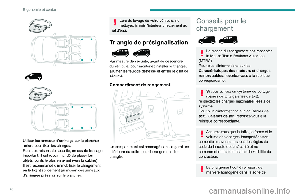PEUGEOT PARTNER 2022 Manuel du propriétaire (in French) 70
Ergonomie et confort
Utiliser les anneaux d'arrimage sur le plancher
arrière pour fixer les charges.
Pour des raisons de sécurité, en cas de freinage
important, il est recommand PEUGEOT PARTNER 2022 Manuel du propriétaire (in French) 70
Ergonomie et confort
Utiliser les anneaux d'arrimage sur le plancher
arrière pour fixer les charges.
Pour des raisons de sécurité, en cas de freinage
important, il est recommand