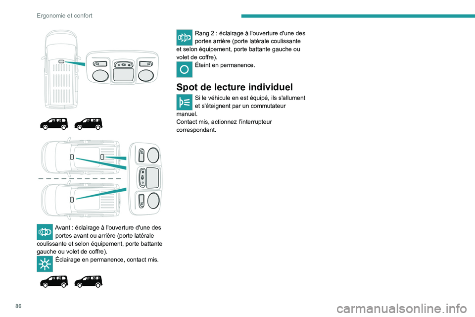 PEUGEOT PARTNER 2022  Manuel du propriétaire (in French) 86
Ergonomie et confort
 
 
 
 
 
Avant : éclairage à l'ouverture d'une des 
portes avant ou arrière (porte latérale 
coulissante et selon équipement, porte battante 
gauche ou volet de c