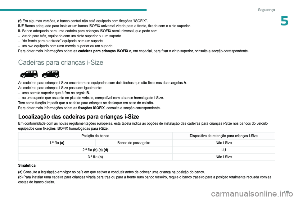 PEUGEOT PARTNER 2022  Manual de utilização (in Portuguese) 11 9
Segurança
5(f) Em algumas versões, o banco central não está equipado com fixações “ISOFIX”.
IUF Banco adequado para instalar um banco ISOFIX universal virado para a frente, fixado com o