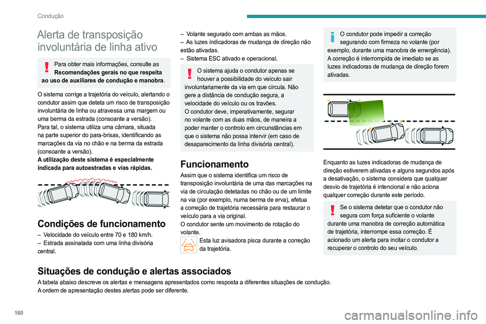 PEUGEOT PARTNER 2022  Manual de utilização (in Portuguese) 160
Condução
Alerta de transposição involuntária de linha ativo
Para obter mais informações, consulte as 
Recomendações gerais no que respeita 
ao uso de auxiliares de condução e manobra.
O