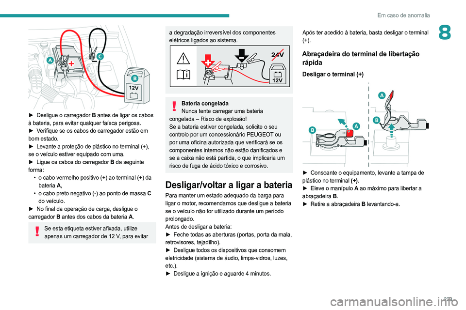 PEUGEOT PARTNER 2022 Manual de utilização (in Portuguese) 223
Em caso de anomalia
8
► Desligue o carregador B antes de ligar os cabos
à bateria, para evitar qualquer faísca perigosa.
►
Verifique se os cabos do carregador estão em
bom estado.
►
PEUGEOT PARTNER 2022 Manual de utilização (in Portuguese) 223
Em caso de anomalia
8
► Desligue o carregador B antes de ligar os cabos
à bateria, para evitar qualquer faísca perigosa.
►
Verifique se os cabos do carregador estão em
bom estado.
►