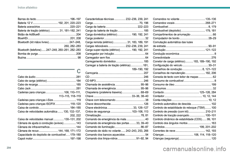 PEUGEOT PARTNER 2022 Manual de utilização (in Portuguese) 294
Índice alfabético
Barras do tecto 196–197
Bateria 12 V
192, 201, 220–223
Bateria acessórios
220–221
Bateria de tração (elétrico)
31, 181–182, 241
Bidão de AdBlue® PEUGEOT PARTNER 2022 Manual de utilização (in Portuguese) 294
Índice alfabético
Barras do tecto 196–197
Bateria 12 V
192, 201, 220–223
Bateria acessórios
220–221
Bateria de tração (elétrico)
31, 181–182, 241
Bidão de AdBlue®