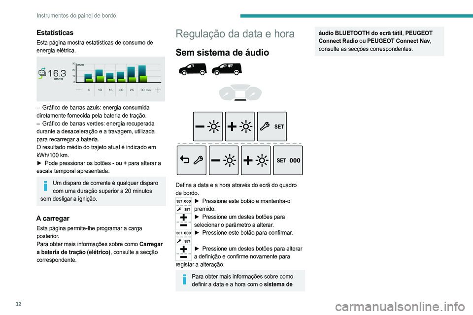 PEUGEOT PARTNER 2022  Manual de utilização (in Portuguese) 32
Instrumentos do painel de bordo
Estatísticas
Esta página mostra estatísticas de consumo de 
energia elétrica.
 
 
– Gráfico de barras azuis: energia consumida 
diretamente fornecida pela bat