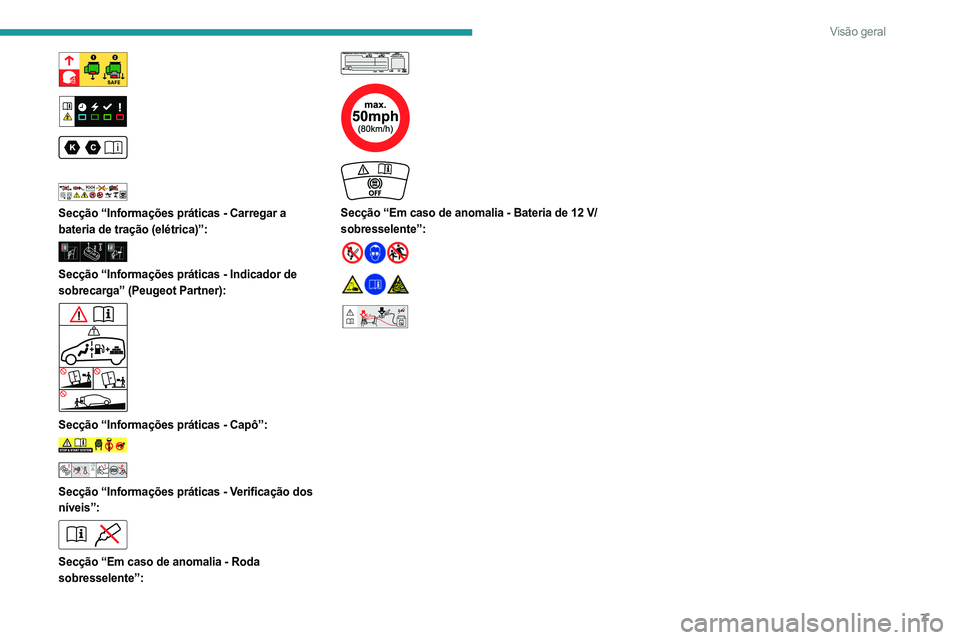 PEUGEOT PARTNER 2022  Manual de utilização (in Portuguese) 7
Visão geral
 
 
 
 
 
 
 
Secção “Informações práticas - Carregar a 
bateria de tração (elétrica)”:
 
 
Secção “Informações práticas - Indicador de 
sobrecarga” (Peugeot Partne