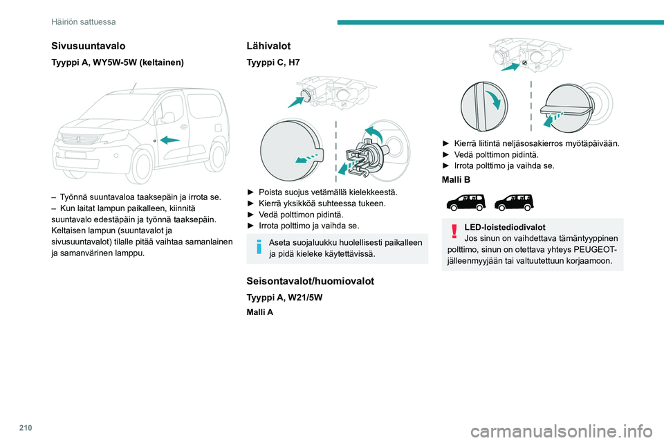 PEUGEOT PARTNER 2022  Omistajan Käsikirja (in Finnish) 210
Häiriön sattuessa
Sivusuuntavalo
Tyyppi A, WY5W-5W (keltainen) 
 
– Työnnä suuntavaloa taaksepäin ja irrota se.
– Kun laitat lampun paikalleen, kiinnitä 
suuntavalo edestäpäin ja työn