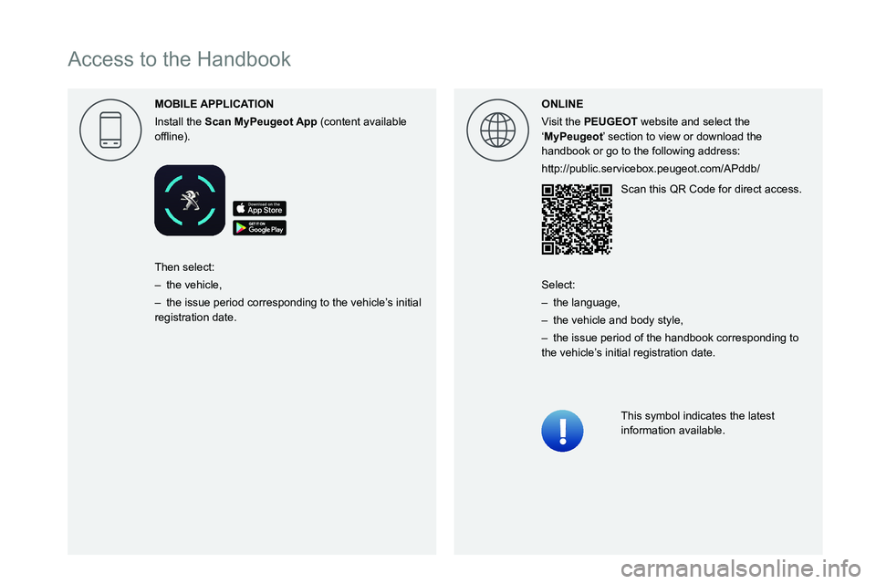 PEUGEOT PARTNER 2021  Owners Manual  
  
 
 
 
 
 
 
 
 
 
 
 
 
 
 
   
Access to the Handbook
MOBILE 
Install the  Scan    (content available 
00521089004C00510048000C0011 ONLINE
Visit the PEUGEOT website and select the 
‘MyPeugeot