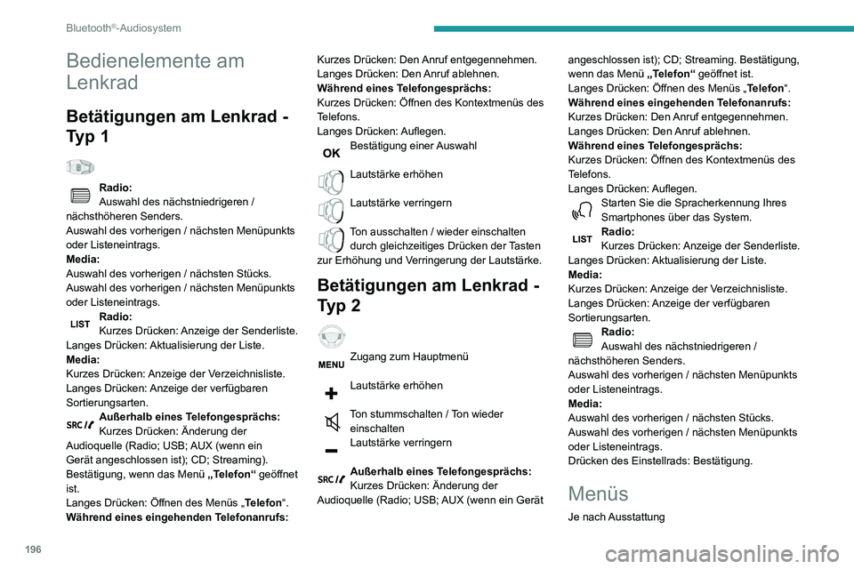 PEUGEOT PARTNER 2021  Betriebsanleitungen (in German) 196
Bluetooth®-Audiosystem
„Multimedia“: Parameter Medien, 
Parameter Radio.
„Telefon“: Anrufen, Parametrierung des 
Verzeichnisses, Parametrierung des 
Telefons, Auflegen.
„Bordcomputer“