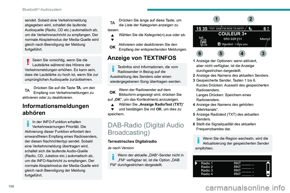 PEUGEOT PARTNER 2021  Betriebsanleitungen (in German) 198
Bluetooth®-Audiosystem
Kompletten Liste aller Radiosender und aller „Mehrkanäle“.
Terrestrisches Digitalradio
Mit dem digitalen Radio können Sie 
bessere Qualität und außerdem 
zusätzlic