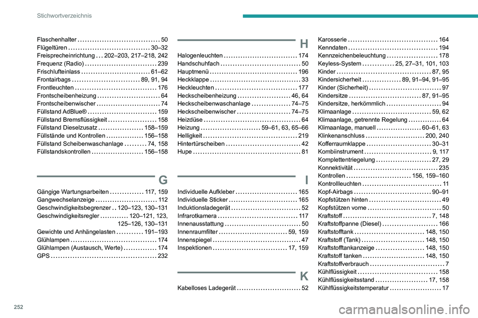 PEUGEOT PARTNER 2021 Betriebsanleitungen (in German) 252
Stichwortverzeichnis
Flaschenhalter 50Flügeltüren 30–32Freisprecheinrichtung 202–203, 217–218, 242Frequenz (Radio) 239Frischlufteinlass 61–62Frontairbags 89, 91, 94Frontleuch PEUGEOT PARTNER 2021 Betriebsanleitungen (in German) 252
Stichwortverzeichnis
Flaschenhalter 50Flügeltüren 30–32Freisprecheinrichtung 202–203, 217–218, 242Frequenz (Radio) 239Frischlufteinlass 61–62Frontairbags 89, 91, 94Frontleuch