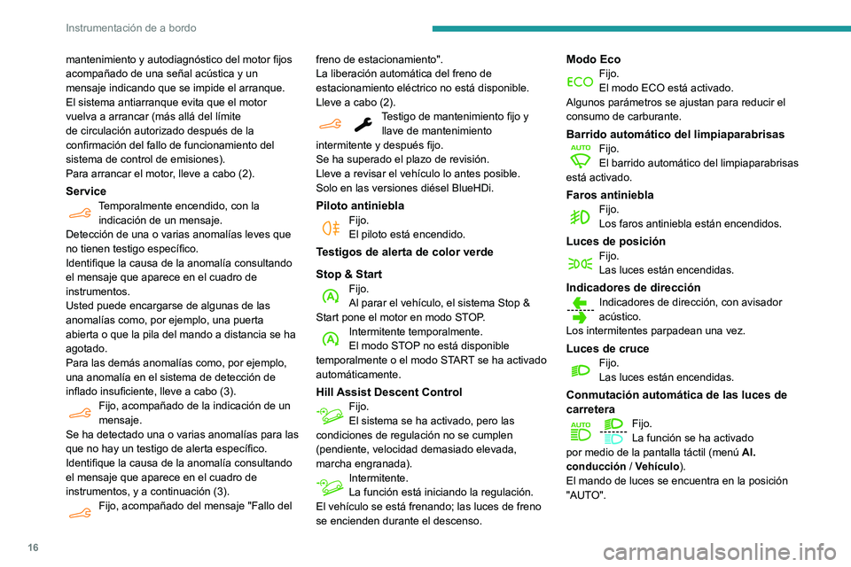 PEUGEOT PARTNER 2021 Manual del propietario (in Spanish) 16
Instrumentación de a bordo
Testigos de alerta de color azul
Luces de carreteraFijo.Las luces están encendidas.
Testigos negros/blancos
Pisar el freno
Fijo.No se ha pisado el pedal del freno o la PEUGEOT PARTNER 2021 Manual del propietario (in Spanish) 16
Instrumentación de a bordo
Testigos de alerta de color azul
Luces de carreteraFijo.Las luces están encendidas.
Testigos negros/blancos
Pisar el freno
Fijo.No se ha pisado el pedal del freno o la