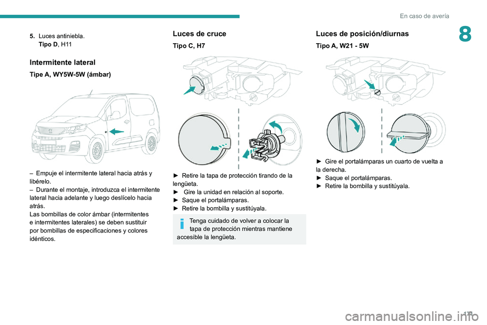 PEUGEOT PARTNER 2021  Manual del propietario (in Spanish) 171
En caso de avería
85.Luces antiniebla.Tipo D, H11
Intermitente lateral
Tipe A, WY5W-5W (ámbar) 
 
– Empuje el intermitente lateral hacia atrás y libérelo.– Durante el montaje, introduzca e