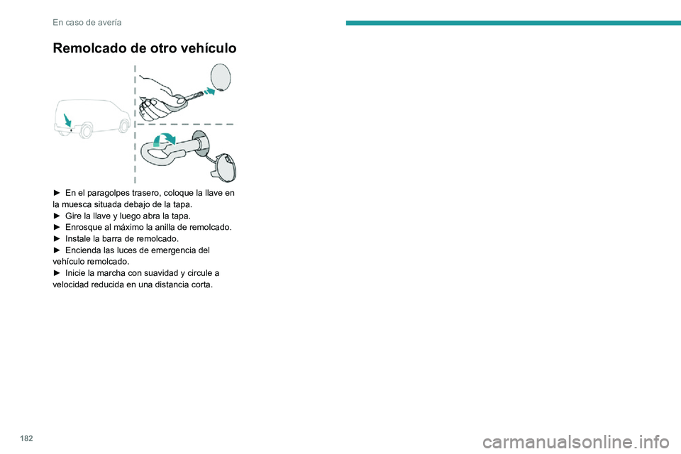 PEUGEOT PARTNER 2021  Manual del propietario (in Spanish) 182
En caso de avería
Remolcado de otro vehículo 
 
► En el paragolpes trasero, coloque la llave en la muesca situada debajo de la tapa.► Gire la llave y luego abra la tapa.► Enrosque al máxi