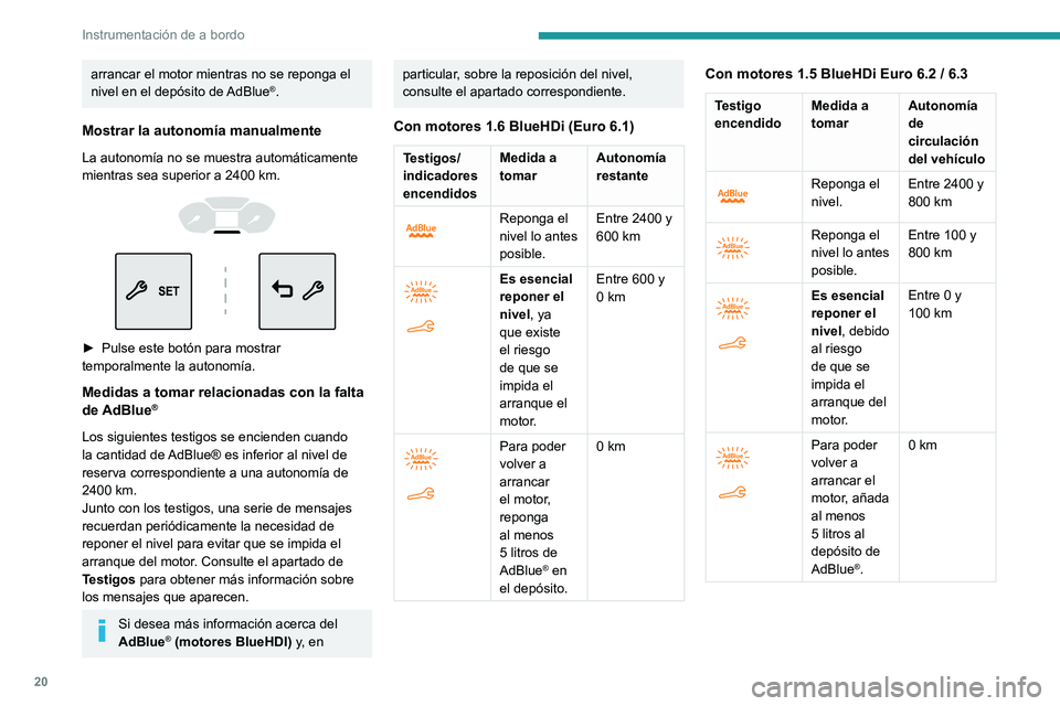 PEUGEOT PARTNER 2021 Manual del propietario (in Spanish) 20
Instrumentación de a bordo
arrancar el motor mientras no se reponga el
nivel en el depósito de AdBlue®.
Mostrar la autonomía manualmente
La autonomía no se muestra automáticamente mientras s PEUGEOT PARTNER 2021 Manual del propietario (in Spanish) 20
Instrumentación de a bordo
arrancar el motor mientras no se reponga el
nivel en el depósito de AdBlue®.
Mostrar la autonomía manualmente
La autonomía no se muestra automáticamente mientras s