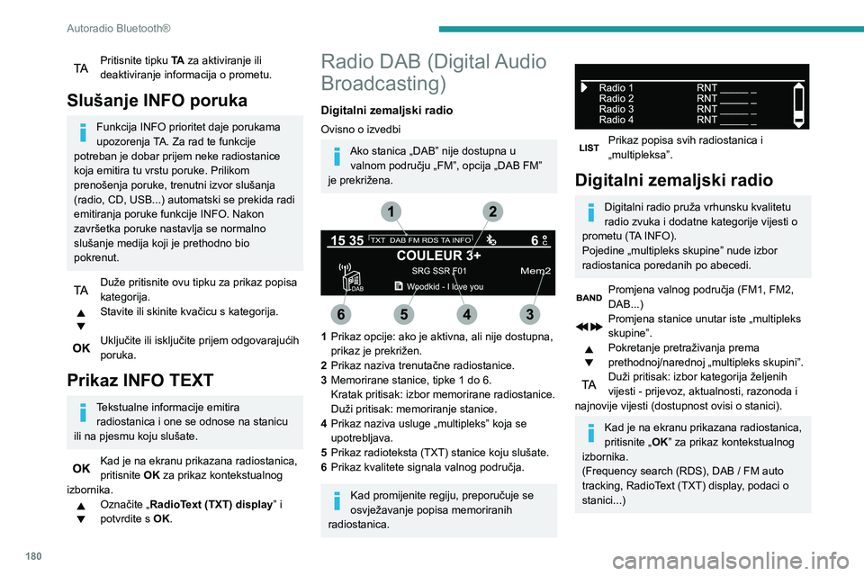 PEUGEOT PARTNER 2021 Upute Za Rukovanje (in Croatian) 180
Autoradio Bluetooth®
Praćenje DAB/FM stanica
„DAB” ne pokriva 100 % teritorija zemlje.
Kad kvaliteta digitalnog signala postane
loša, „DAB / FM auto tracking” omogućuje
nastavak slu PEUGEOT PARTNER 2021 Upute Za Rukovanje (in Croatian) 180
Autoradio Bluetooth®
Praćenje DAB/FM stanica
„DAB” ne pokriva 100 % teritorija zemlje.
Kad kvaliteta digitalnog signala postane
loša, „DAB / FM auto tracking” omogućuje
nastavak slu