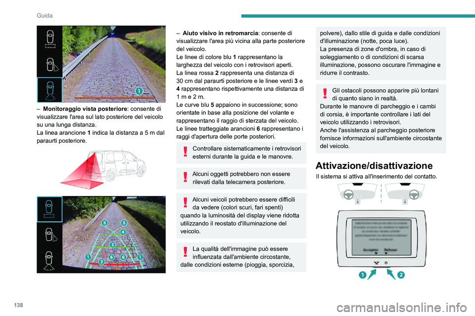 PEUGEOT PARTNER 2021 Manuale duso (in Italian) 138
Guida
– Monitoraggio vista posteriore: consente di
visualizzare l'area sul lato posteriore del veicolo
su una lunga distanza.
La linea arancione 1
indica la distanza a 5 m dal paraurti PEUGEOT PARTNER 2021 Manuale duso (in Italian) 138
Guida
– Monitoraggio vista posteriore: consente di
visualizzare l'area sul lato posteriore del veicolo
su una lunga distanza.
La linea arancione 1
indica la distanza a 5 m dal paraurti