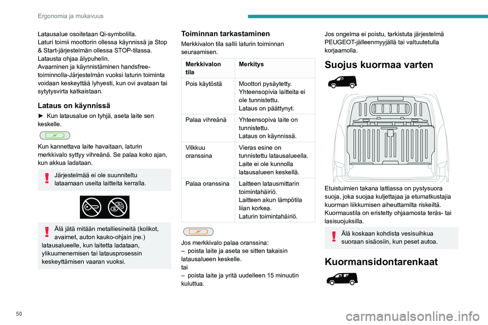 PEUGEOT PARTNER 2021 Omistajan Käsikirja (in Finnish) 50
Ergonomia ja mukavuus
Latausalue osoitetaan Qi-symbolilla.
Laturi toimii moottorin ollessa käynnissä ja Stop
& Start-järjestelmän ollessa STOP-tilassa.
Latausta ohjaa älypuhelin.
Avaaminen ja PEUGEOT PARTNER 2021 Omistajan Käsikirja (in Finnish) 50
Ergonomia ja mukavuus
Latausalue osoitetaan Qi-symbolilla.
Laturi toimii moottorin ollessa käynnissä ja Stop
& Start-järjestelmän ollessa STOP-tilassa.
Latausta ohjaa älypuhelin.
Avaaminen ja
