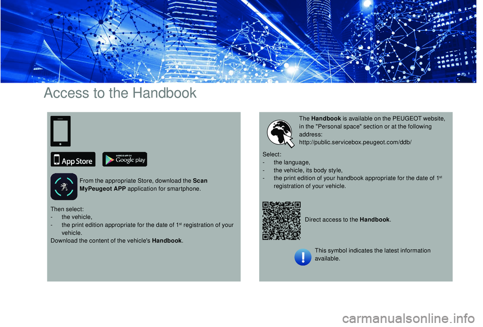 PEUGEOT PARTNER TEPEE 2020  Owners Manual Access to the Handbook
From the appropriate Store, download the Scan 
MyPeugeot APP application for smartphone.
Direct access to the Handbook.
The Handbook
 is available on the PEUGEOT website, 
in th