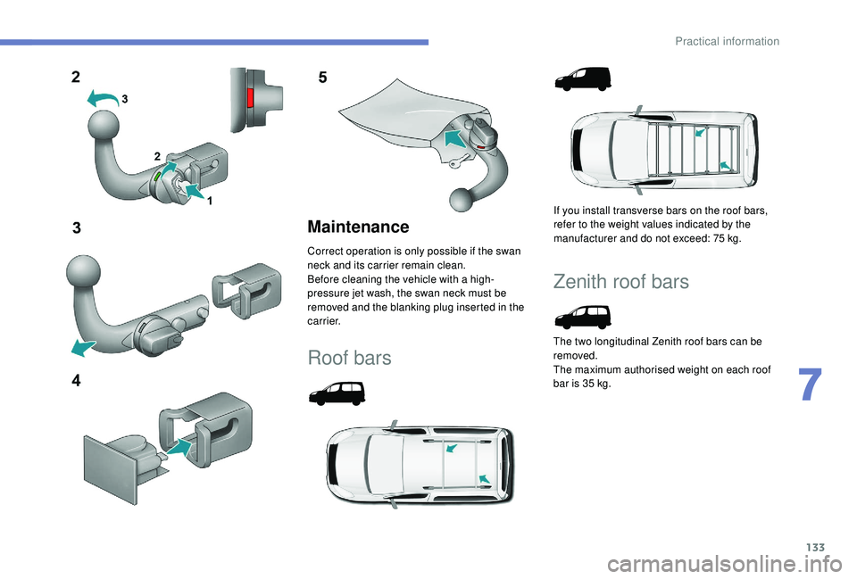 PEUGEOT PARTNER TEPEE 2020  Owners Manual 133
Maintenance
Correct operation is only possible if the swan 
neck and its carrier remain clean.
Before cleaning the vehicle with a high-
pressure jet wash, the swan neck must be 
removed and the bl