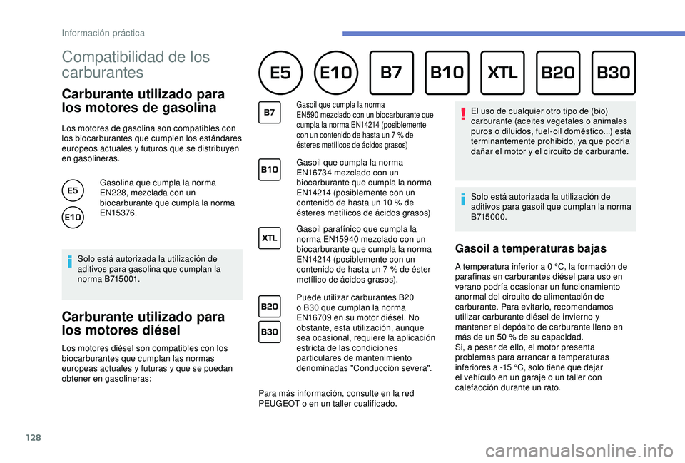 PEUGEOT PARTNER TEPEE 2020  Manual del propietario (in Spanish) 128
Compatibilidad de los 
carburantes 
Carburante utilizado para 
los motores de gasolina
Los motores de gasolina son compatibles con 
los biocarburantes que cumplen los estándares 
europeos actuale