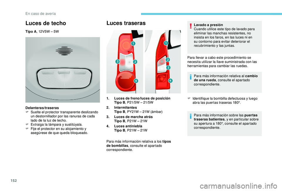 PEUGEOT PARTNER TEPEE 2020  Manual del propietario (in Spanish) 152
Luces traseras
1.Luces de freno/luces de posición
Tipo B , P21/5W – 21/5W
2. Intermitentes
Tipo B , PY21W – 21W (ámbar)
3. Luces de marcha atrás
Tipo B , P21W – 21W
4. Luces antiniebla
Ti