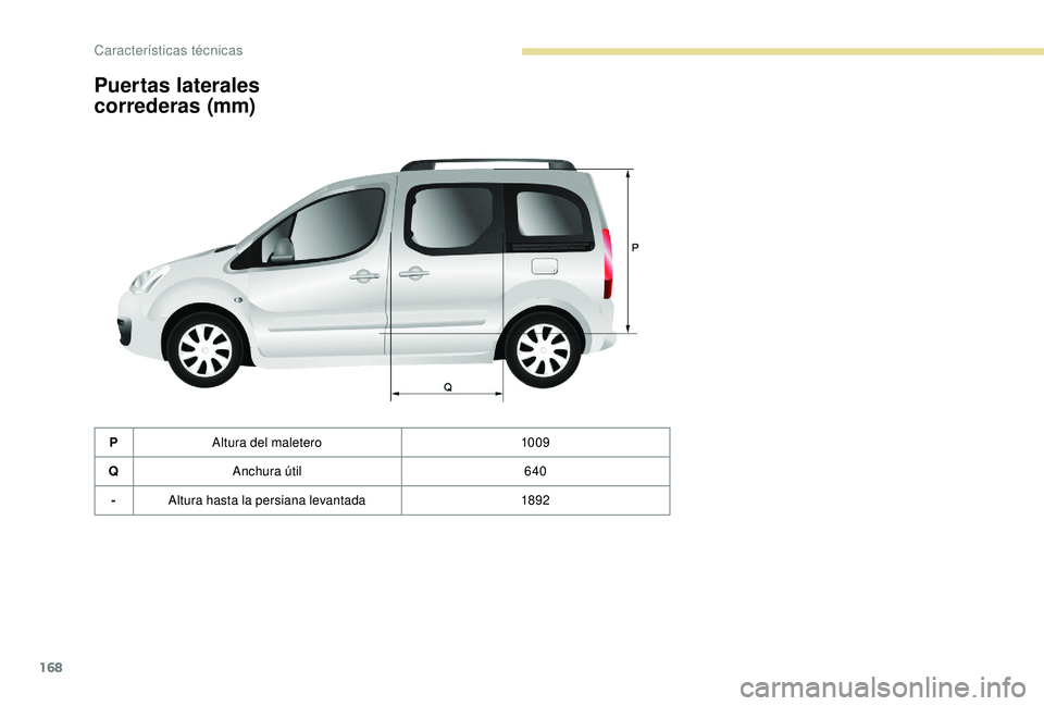 PEUGEOT PARTNER TEPEE 2020  Manual del propietario (in Spanish) 168
Puertas laterales 
correderas (mm)
PAltura del maletero 10 09
Q Anchura útil 640
- Altura hasta la persiana levantada 1892 
Características técnicas  