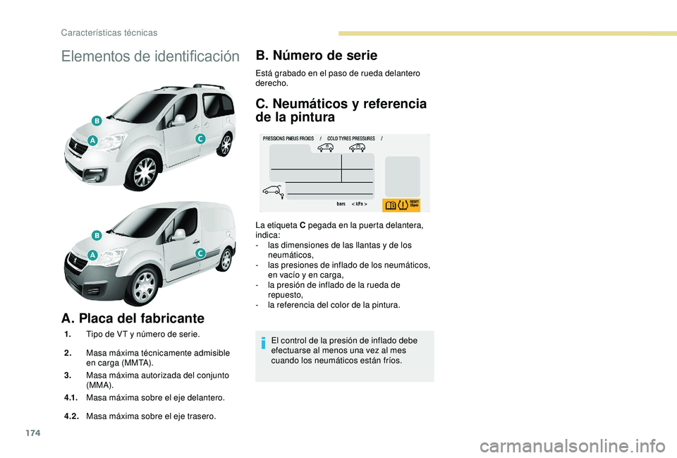 PEUGEOT PARTNER TEPEE 2020  Manual del propietario (in Spanish) 174
Elementos de identificación
A. Placa del fabricante
1.Tipo de VT y número de serie.
2. Masa máxima técnicamente admisible 
en carga (MMTA).
3. Masa máxima autorizada del conjunto 
(MMA).
4 .1